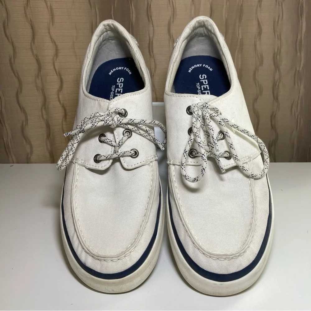 Sperry Top Sider Men's 11.5 Halyard Boat Shoes Tie Canvas 3 Eye White STS19141